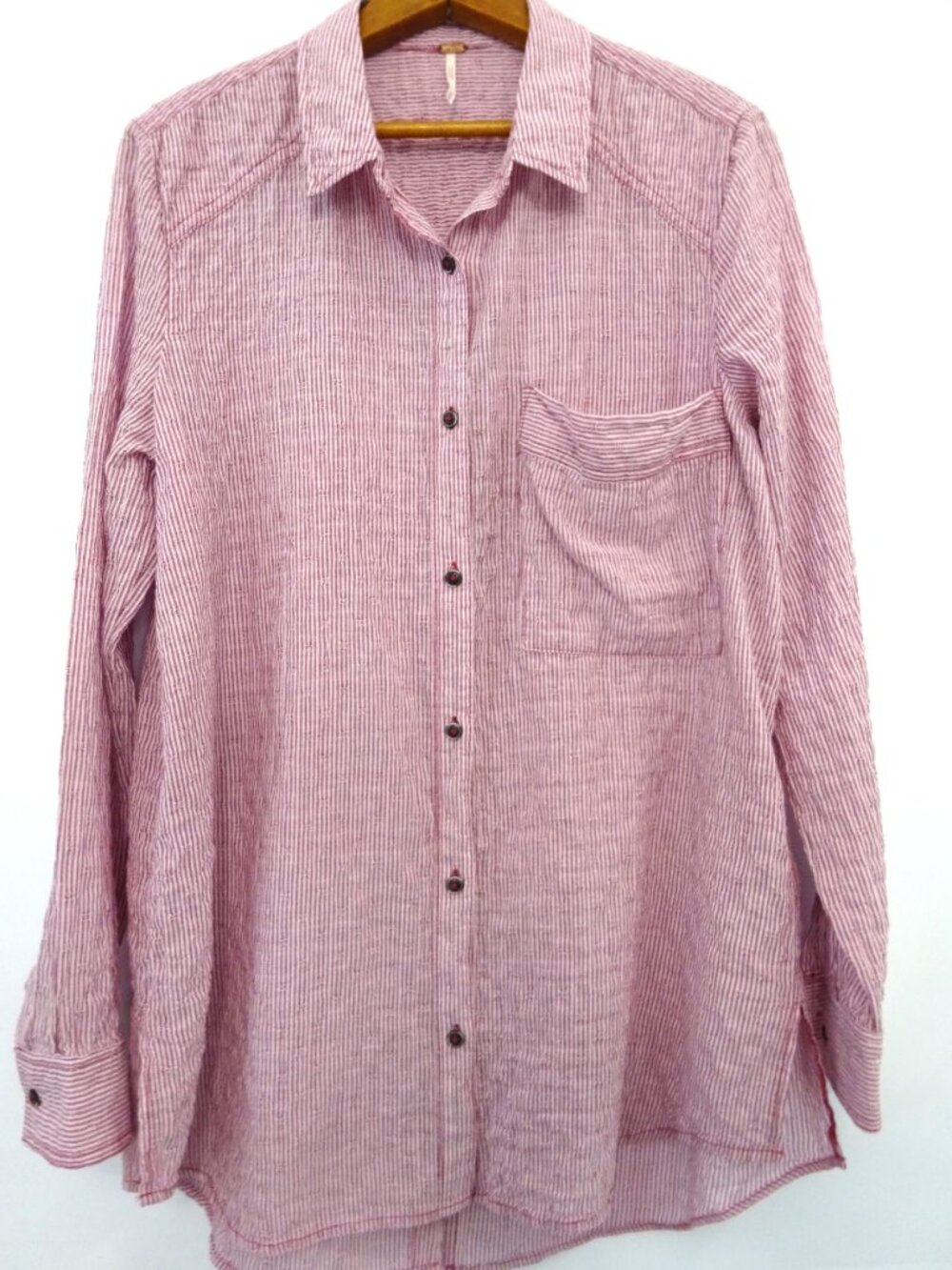 Free People M Oversized Pink Textured Dobby Stripe Button Up Boho Shirt